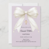 Invitation Ruban dusty lavande perles d'ivoire Baptême (Devant)
