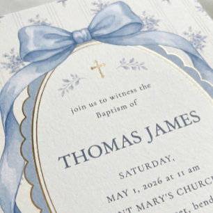 Invitation Ruban élégant bleu poussiéreux en toile pour baptê