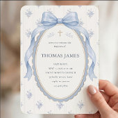 Invitation Ruban élégant bleu poussiéreux en toile pour baptê