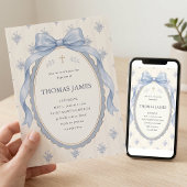 Invitation Ruban élégant bleu poussiéreux en toile pour baptê