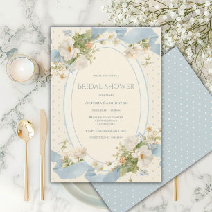 Invitation Ruban élégant floral à pois bleus pour Baby Shower
