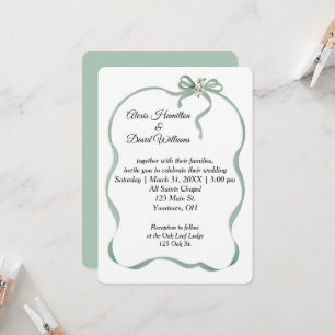 Invitation Ruban et cadre de mariage vert sauge avec noeud
