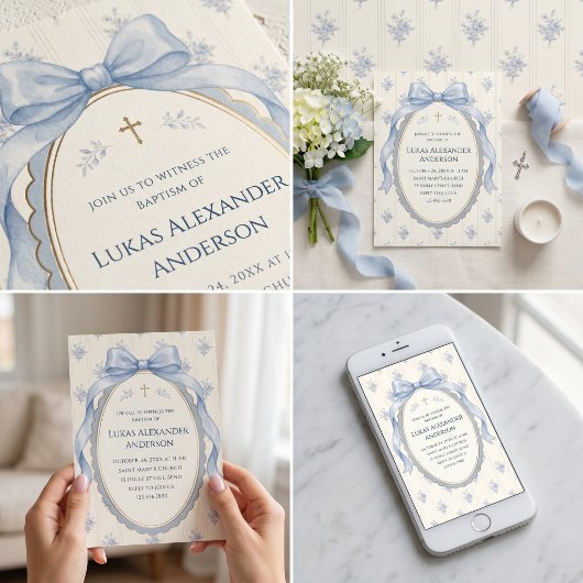 Invitation Ruban Floral Coquette Bleu Baptême