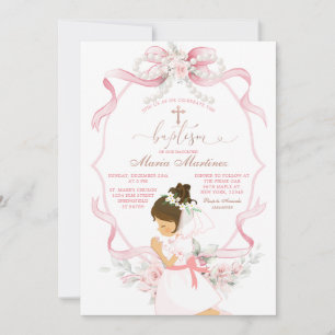 Invitation Ruban Floral Rose Fille Pleurant Baptême