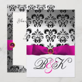 INVITATION RUBAN FUCHSIA BLANC NOIR DAMAS MONOGRAMME (Devant / Derrière)