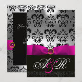 INVITATION RUBAN FUCHSIA BLANC NOIR DAMAS MONOGRAMME (Devant / Derrière)