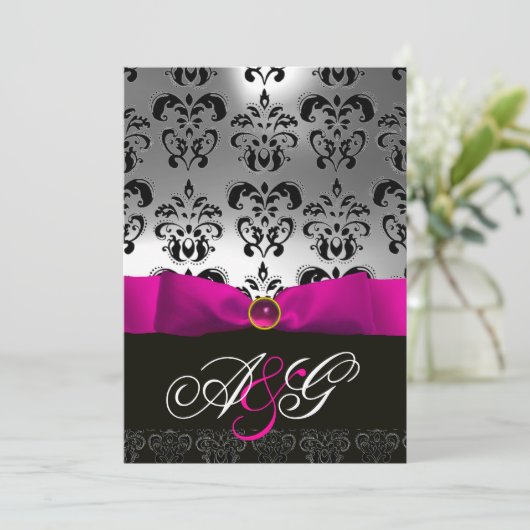 INVITATION RUBAN FUCHSIA BLANC NOIR DAMAS MONOGRAMME (Debout devant)