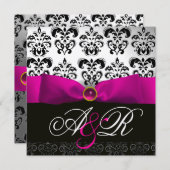 INVITATION RUBAN FUCHSIA BLANC NOIR DAMAS MONOGRAMME (Devant / Derrière)