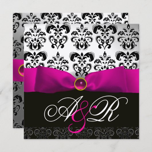 INVITATION RUBAN FUCHSIA BLANC NOIR DAMAS MONOGRAMME (Devant / Derrière)
