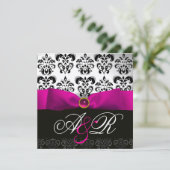 INVITATION RUBAN FUCHSIA BLANC NOIR DAMAS MONOGRAMME (Debout devant)