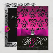 INVITATION RUBAN FUCHSIA BLANC NOIR MONOGRAMME DAMAS (Devant / Derrière)