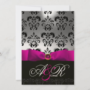 INVITATION RUBAN FUCHSIA BLANC NOIR MONOGRAMME DAMAS
