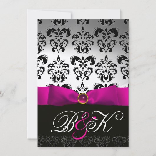 INVITATION RUBAN FUCHSIA BLANC NOIR MONOGRAMME DAMASSÉ (Devant)