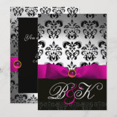 INVITATION RUBAN FUCHSIA BLANC NOIR MONOGRAMME DAMASSÉ (Devant / Derrière)