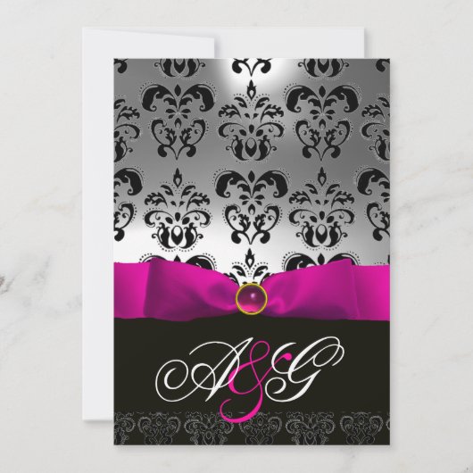 INVITATION RUBAN FUCHSIA BLANC NOIR MONOGRAMME DAMASSÉ (Devant)