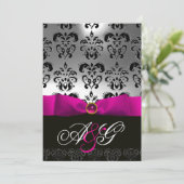 INVITATION RUBAN FUCHSIA BLANC NOIR MONOGRAMME DAMASSÉ (Debout devant)
