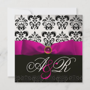 INVITATION RUBAN FUCHSIA BLANC NOIR MONOGRAMME DAMASSÉ