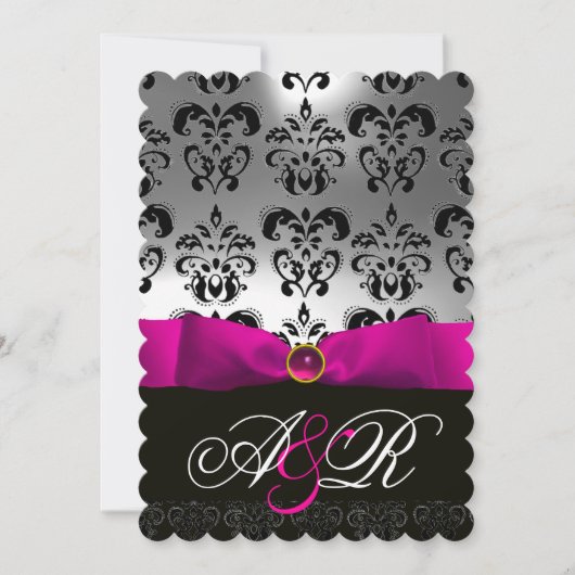 INVITATION RUBAN FUCHSIA BLANC NOIR MONOGRAMME DAMASSÉ (Devant)