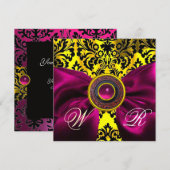 INVITATION RUBAN FUCHSIA OR JAUNE NOIR DAMAS MONOGRAMME (Devant / Derrière)