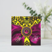 INVITATION RUBAN FUCHSIA OR JAUNE NOIR DAMAS MONOGRAMME (Debout devant)