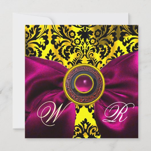 INVITATION RUBAN FUCHSIA OR JAUNE NOIR DAMAS MONOGRAMME (Devant)