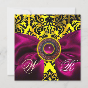 INVITATION RUBAN FUCHSIA OR JAUNE NOIR DAMAS MONOGRAMME
