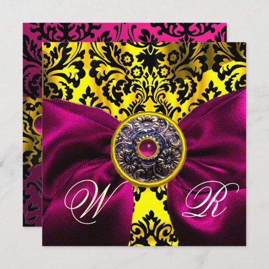 INVITATION RUBAN FUCHSIA OR JAUNE NOIR DAMAS MONOGRAMME (Devant / Derrière)