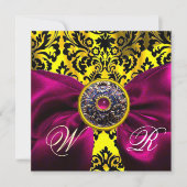 INVITATION RUBAN FUCHSIA OR JAUNE NOIR DAMAS MONOGRAMME (Devant)