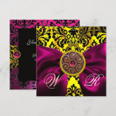INVITATION RUBAN FUCHSIA OR JAUNE NOIR DAMAS MONOGRAMME (Devant / Derrière)