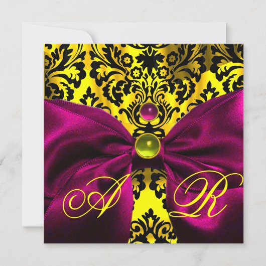 INVITATION RUBAN FUCHSIA OR JAUNE NOIR DAMAS MONOGRAMME (Devant)