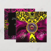 INVITATION RUBAN FUCHSIA OR JAUNE NOIR DAMAS MONOGRAMME (Devant / Derrière)