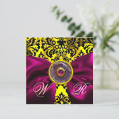 INVITATION RUBAN FUCHSIA OR JAUNE NOIR DAMAS MONOGRAMME (Debout devant)
