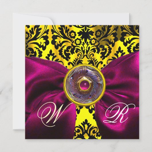 INVITATION RUBAN FUCHSIA OR JAUNE NOIR DAMASSÉ MONOGRAMME (Devant)