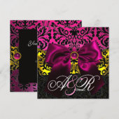 INVITATION RUBAN FUCHSIA OR ROSE NOIR DAMAS MONOGRAMME (Devant / Derrière)