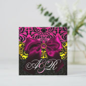 INVITATION RUBAN FUCHSIA OR ROSE NOIR DAMAS MONOGRAMME (Debout devant)