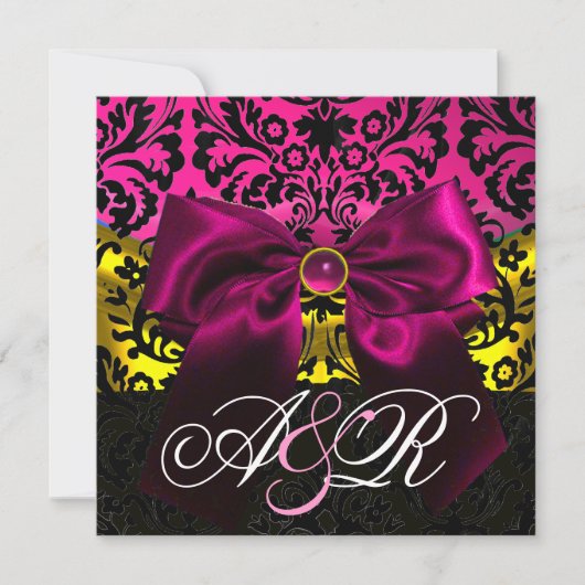 INVITATION RUBAN FUCHSIA OR ROSE NOIR DAMASSÉ MONOGRAMME (Devant)