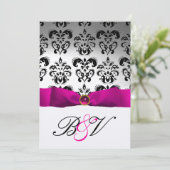 INVITATION RUBAN FUCHSIA ROSE ARGENT NOIR MONOGRAMME DAMAS (Debout devant)