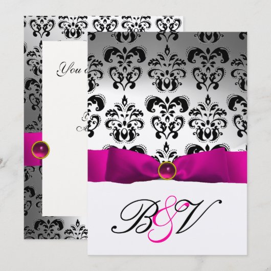 INVITATION RUBAN FUCHSIA ROSE ARGENT NOIR MONOGRAMME DAMAS (Devant / Derrière)
