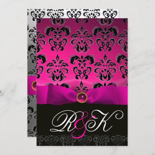 INVITATION RUBAN FUCHSIA ROSE BLANC NOIR DAMAS MONOGRAMME (Devant / Derrière)