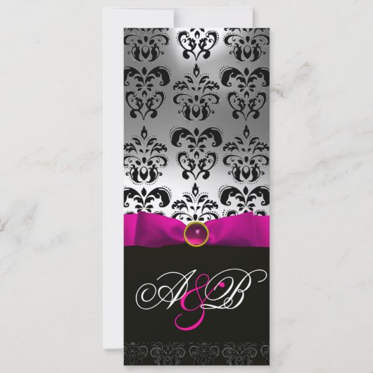 INVITATION RUBAN FUCHSIA ROSE MONOGRAMME DAMAS NOIR BLANC (Devant)