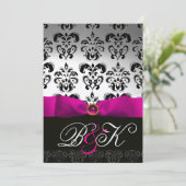 INVITATION RUBAN FUCHSIA ROSE MONOGRAMME DAMASSÉE BLANC NOIR (Debout devant)