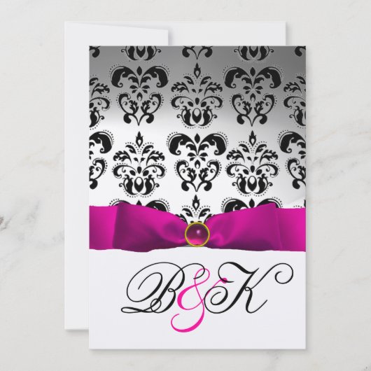 INVITATION RUBAN FUCHSIA ROSE MONOGRAMME DAMASSÉE BLANC NOIR (Devant)