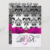 INVITATION RUBAN FUCHSIA ROSE MONOGRAMME DAMASSÉE BLANC NOIR (Devant / Derrière)