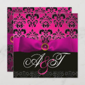 INVITATION RUBAN FUCHSIA ROSE VIOLET NOIR DAMAS MONOGRAMME (Devant / Derrière)