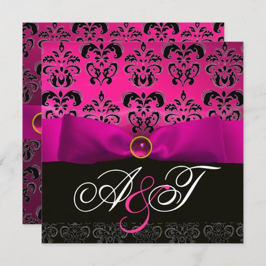 INVITATION RUBAN FUCHSIA ROSE VIOLET NOIR DAMAS MONOGRAMME (Devant / Derrière)
