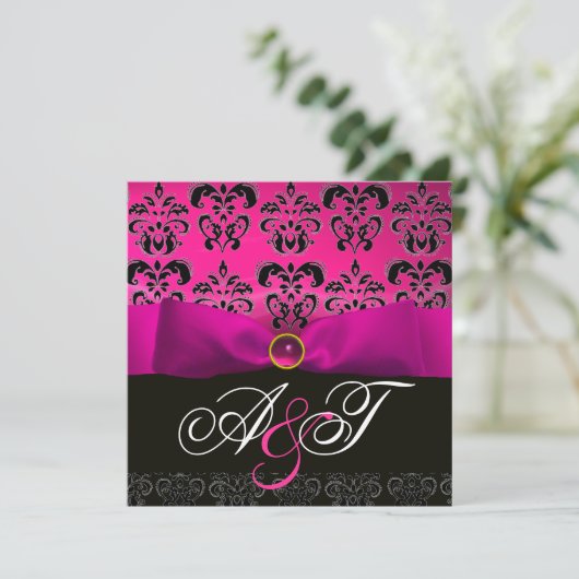 INVITATION RUBAN FUCHSIA ROSE VIOLET NOIR DAMAS MONOGRAMME (Debout devant)