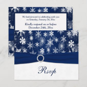 Invitation RUBAN IMPRIMÉ Bleu marine, Flocons de neige RSVP (Devant / Derrière)