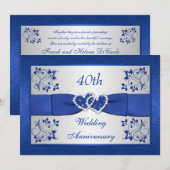 Invitation RUBAN IMPRIMÉ Floral Argent Bleu 40e Anniversaire (Devant / Derrière)