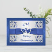 Invitation RUBAN IMPRIMÉ Floral bleu argent 40e anniversaire (Debout devant)