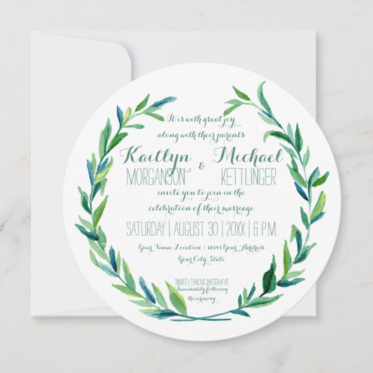 Invitation Ruban Laurel Branche en feuille d'olive ronde mode (Devant)